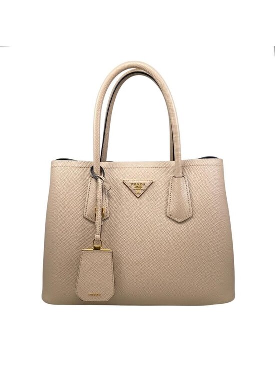 Prada Handbags - Prada Handbag Double Bag Saffiano Cuir Leather Triangle Logo Beige Black Gold